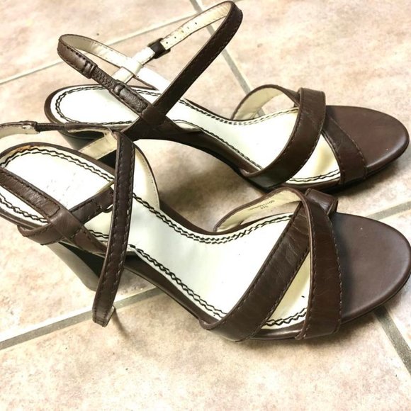 Zara Brown Leather Stacked heeled Sandals - Picture 2 of 4
